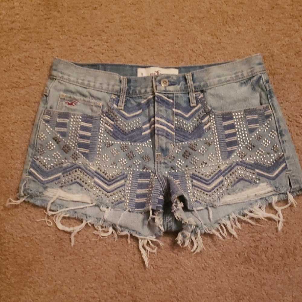 Hollister 9 29 Jean Denim Shorts Embellished Distressed Embroidered Cut Off